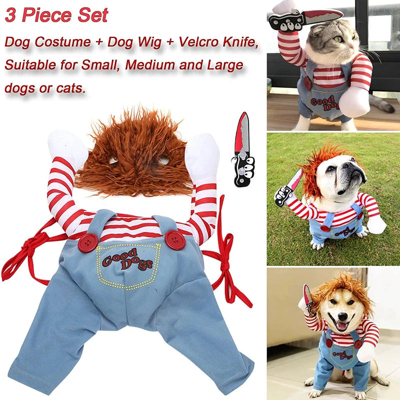 Pet Halloween Costume Dog Clothing Chucky Jumpsuit Dog Deadly Doll Cosplay Funny Party Costume Dog Clothes for Small Medium Dogs