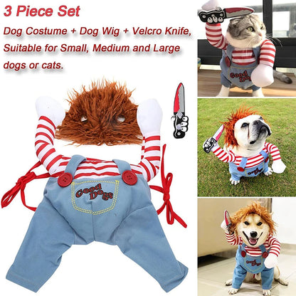 Pet Halloween Costume Dog Clothing Chucky Jumpsuit Dog Deadly Doll Cosplay Funny Party Costume Dog Clothes for Small Medium Dogs